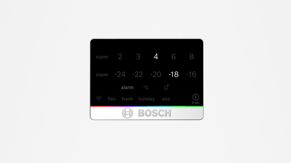 Beyaz arka planda sıcaklık ayarları ve marka logosu olan Bosch buzdolabı kontrol paneli.