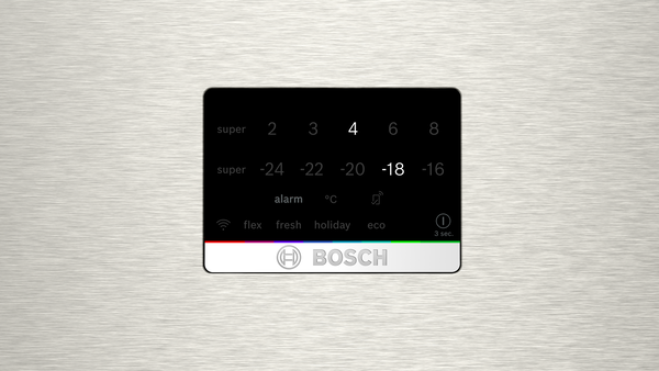 Paslanmaz çelik üzerinde dijital sıcaklık ekranlı Bosch buzdolabı kontrol paneli.