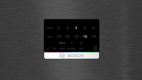 Koyu gri metal üzerinde Bosch buzdolabı kontrol paneli.