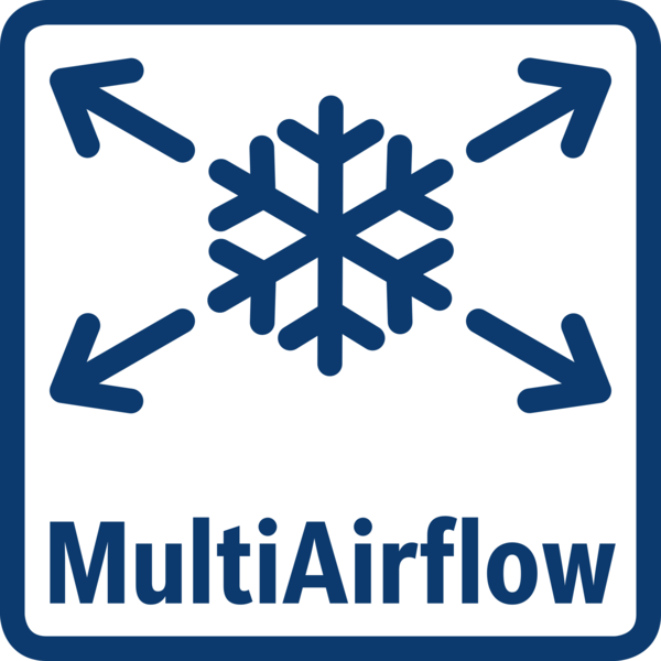 Dört çapraz ok ve MultiAirflow yazısı içeren mavi kar tanesi.