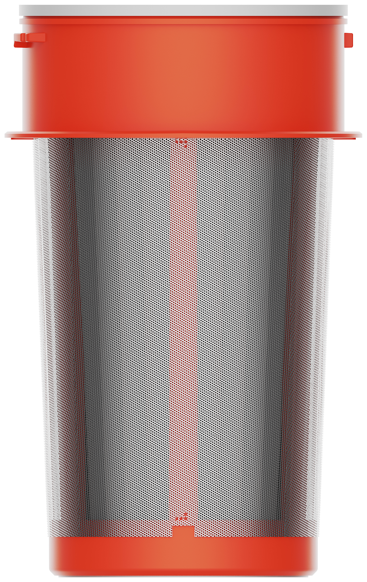 Cindrikus tea szűrő finom rozsdamentes acél hálóból, piros műanyag peremmel és alappal.