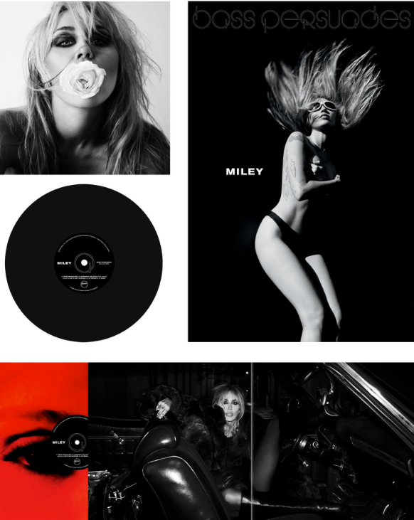 Collage aus Schwarzweiß-Fotos von Miley Cyrus, einer Vinyl-Schallplatte und Texten.