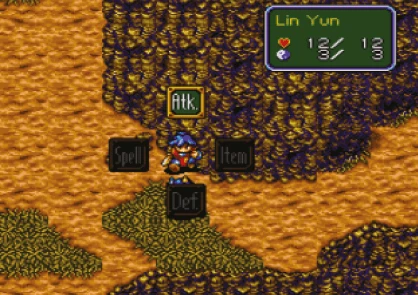 Scena di videogioco retro con un piccolo personaggio circondato da opzioni di menu come Attacco e Magia.