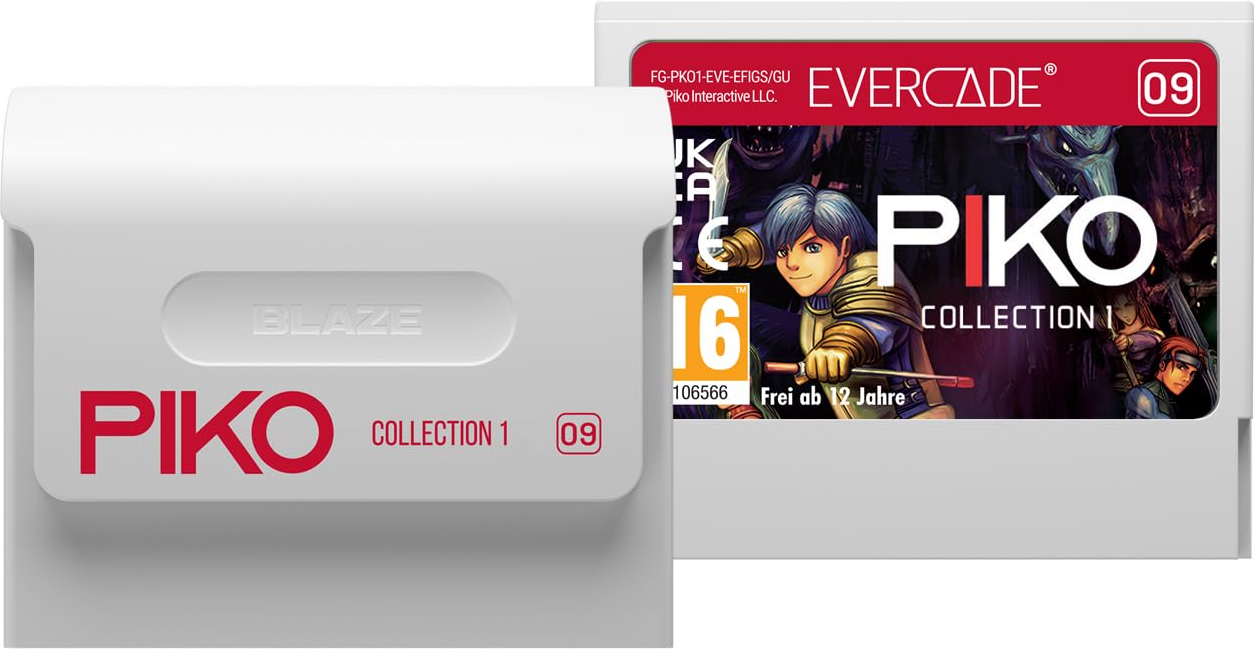 Cartuccia per videogioco Evercade Piko Collection 1 bianca con scatola colorata.