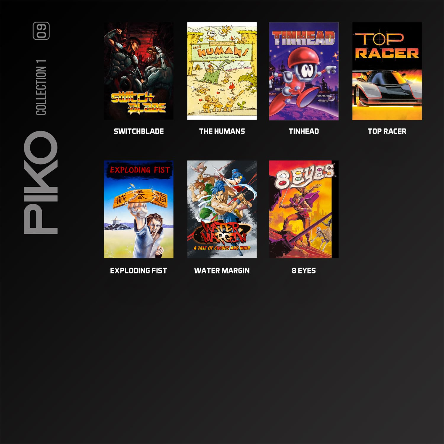 Poster della raccolta di giochi Piko Collection 1 con sette copertine di videogiochi classici su sfondo nero.