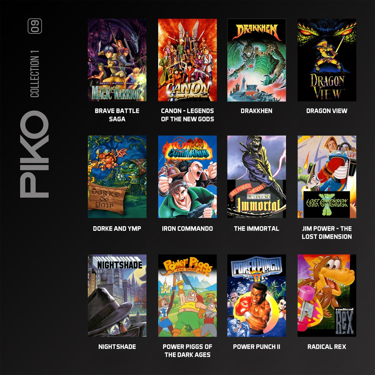 Una griglia di dodici copertine di videogiochi Piko con titoli come Brave Battle Saga, Iron Commando e Radical Rex.