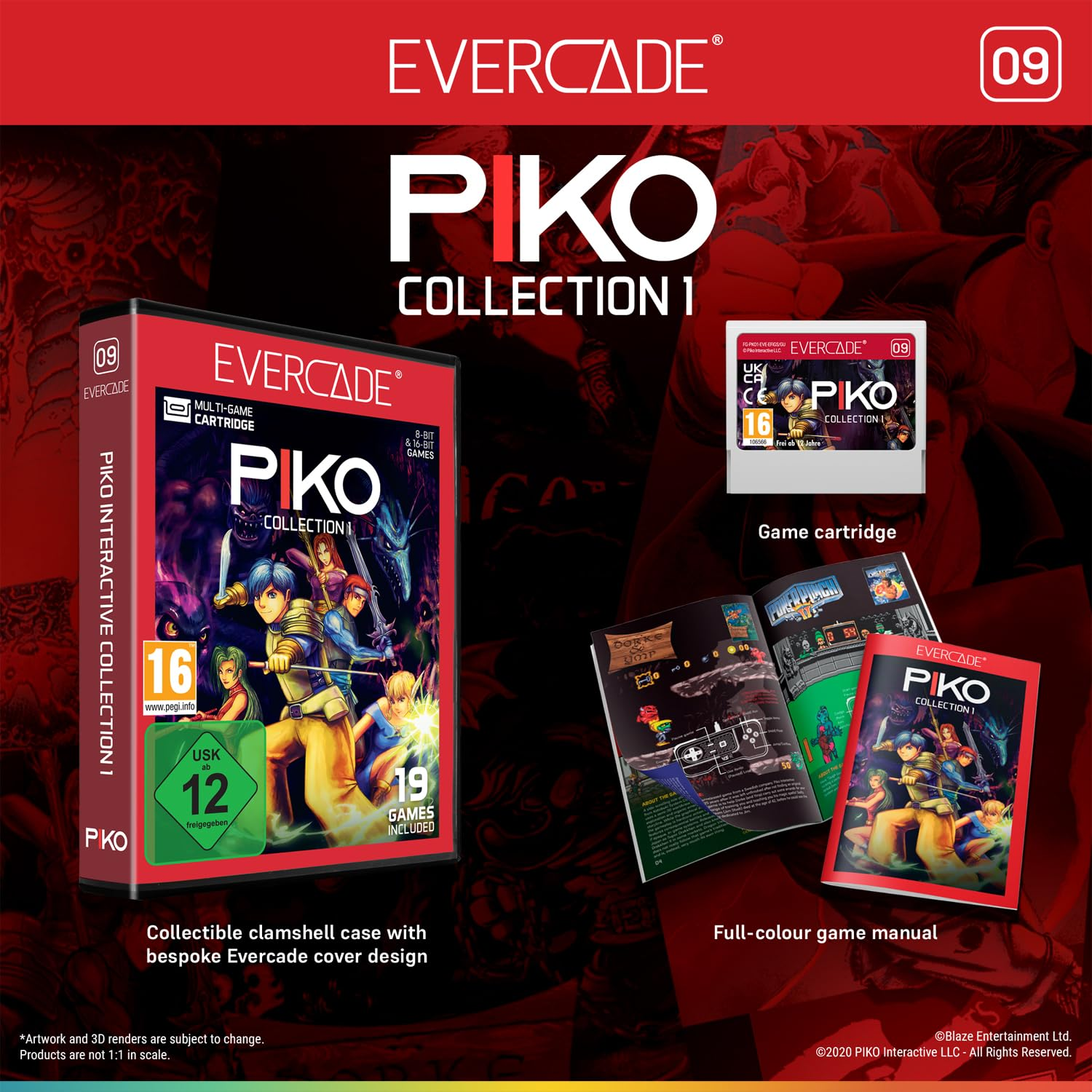 Custodia, cartuccia e manuale del gioco Evercade Piko Collection 1 con grafica anime su sfondo rosso.