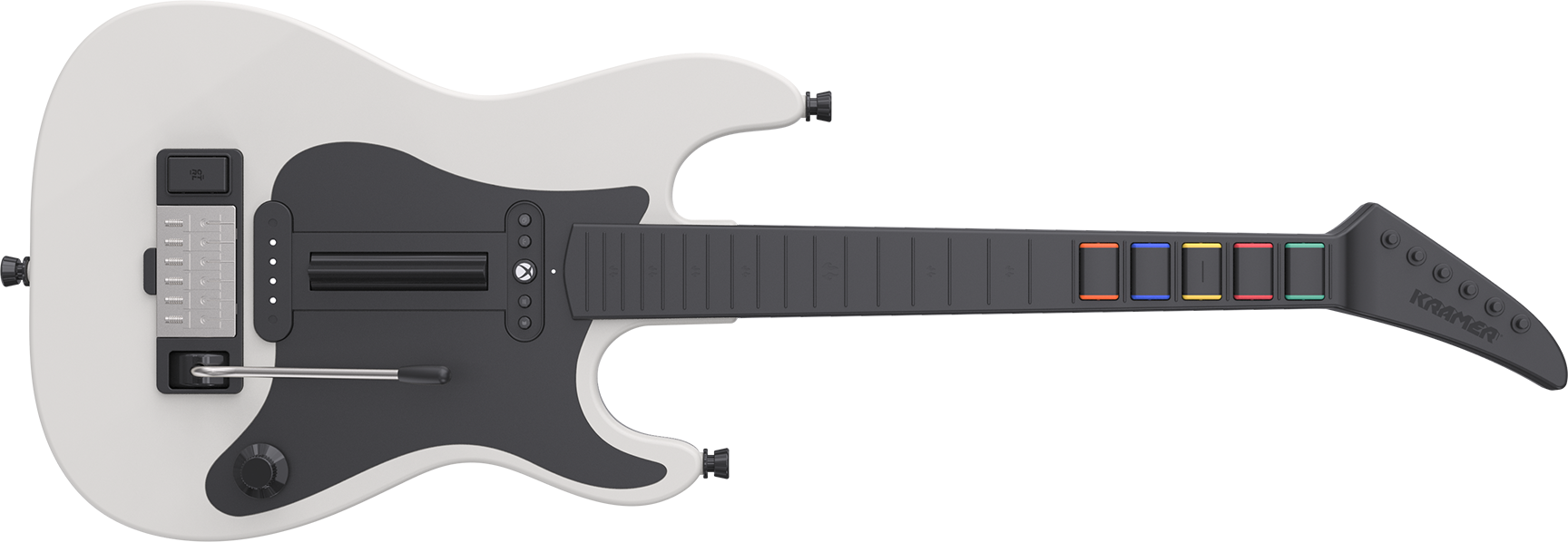 Eine weiße und schwarze Kramer Guitarguitar-Controller-Gitarre mit farbigen Knöpfen auf dem Hals auf schwarzem Hintergrund.