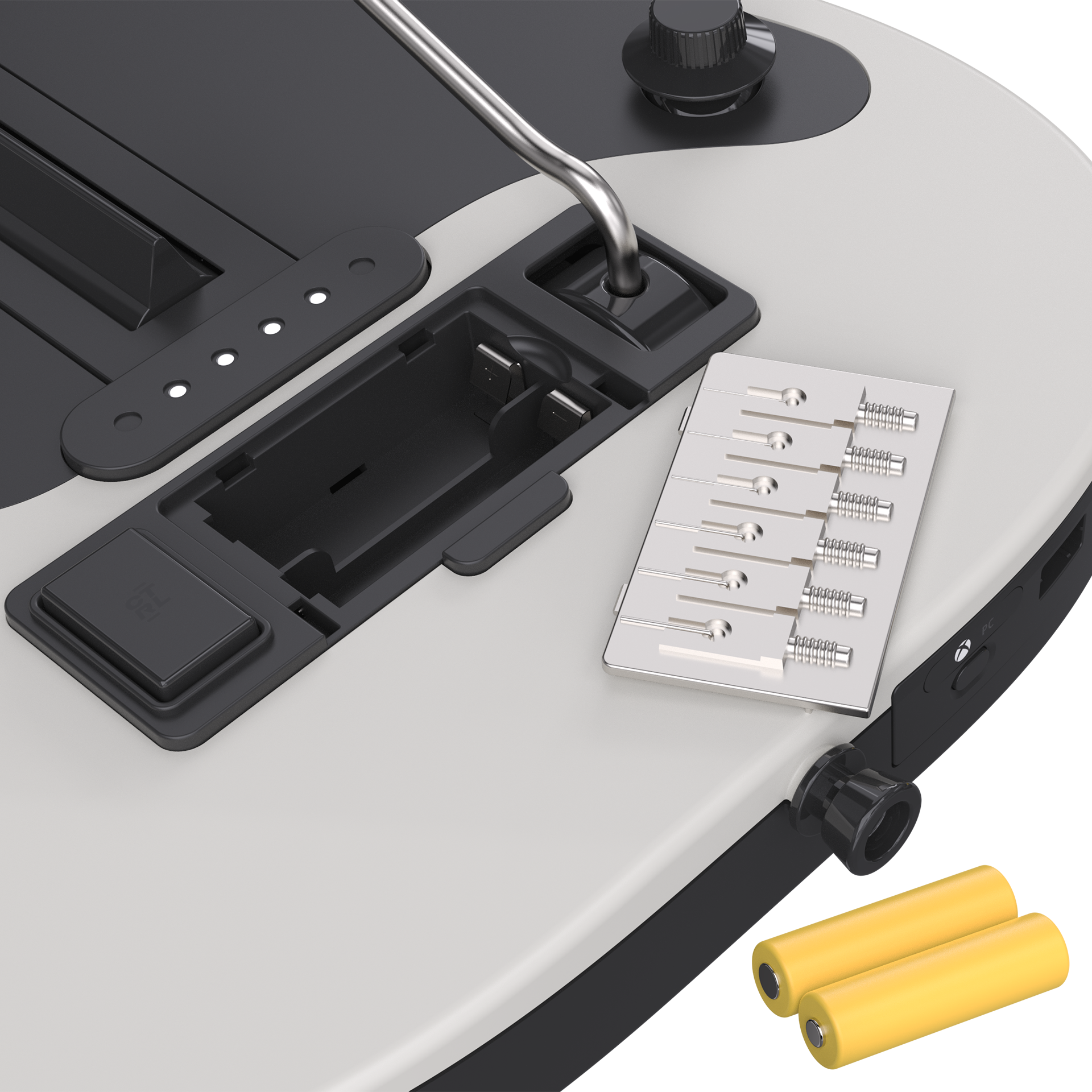 Eine graue und schwarze Gitarre mit offenem Batteriefach, einer Metallbrücke und zwei gelben Batterien.