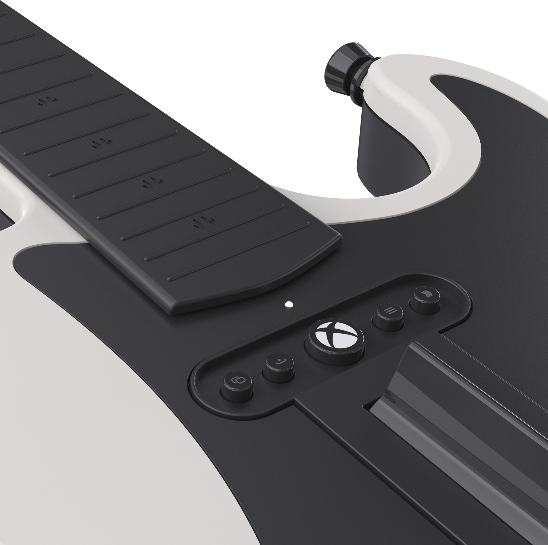 Nahaufnahme einer schwarz-weißen Xbox-Gitarre mit Tasten und Xbox-Logo vor schwarzem Hintergrund.