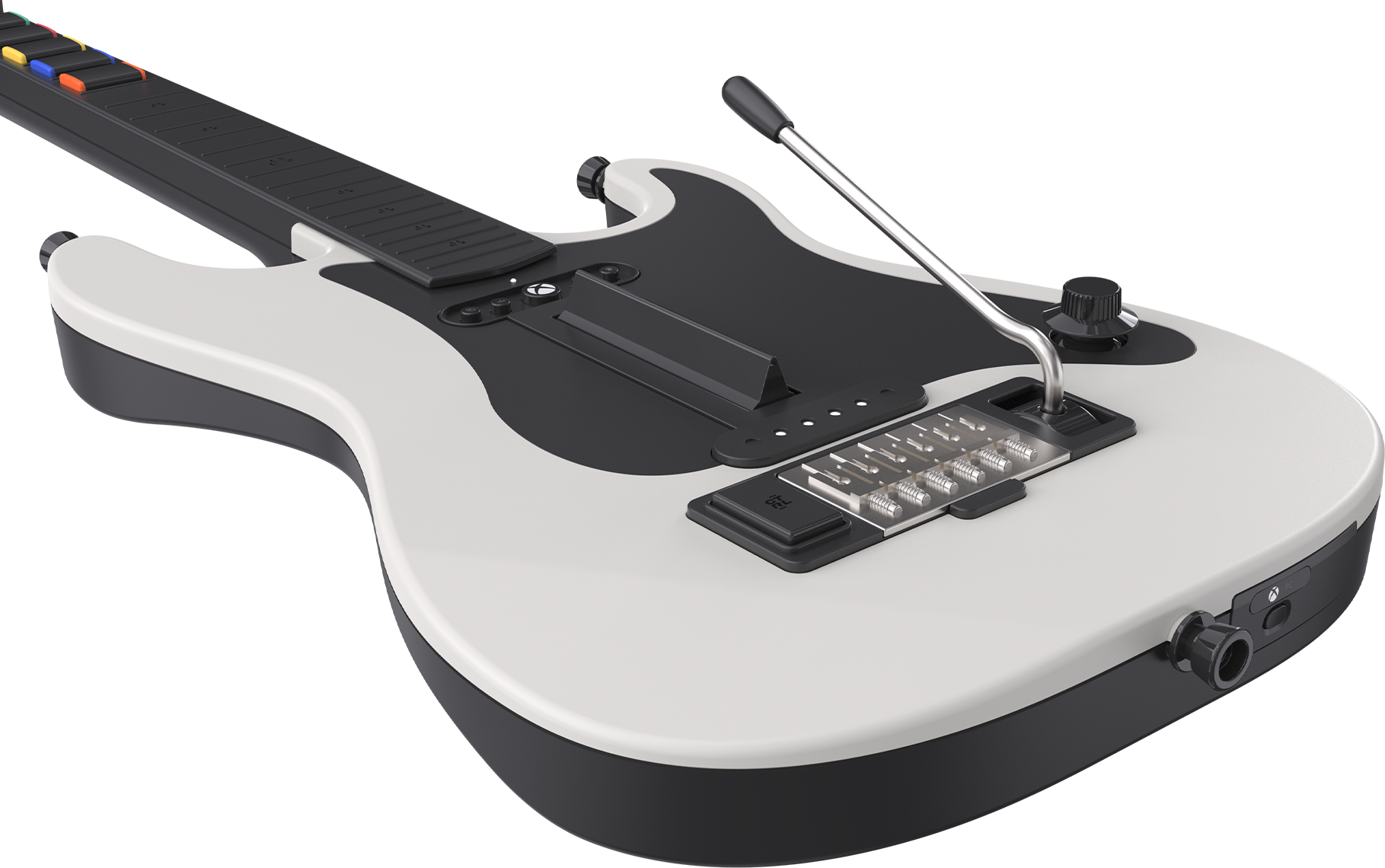 Weiße und schwarze Gitarren-Controller für Videospiele mit silberner Whammy-Bar und bunten Tasten.