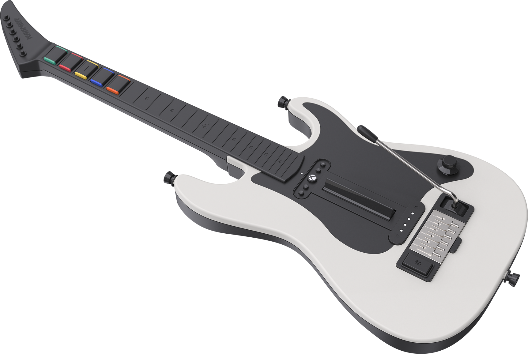 Ein weiß-schwarzer Videospiel-Gitarrencontroller aus Plastik mit farbigen Bundtasten vor schwarzem Hintergrund.