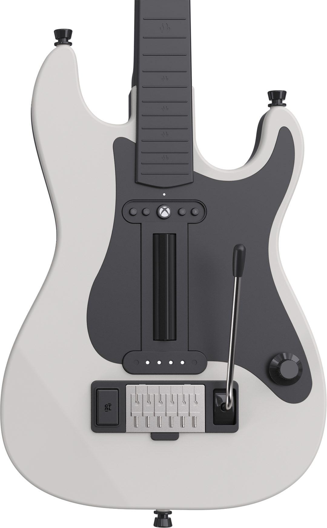 Eine weiß-schwarze Xbox-Gitarre mit Knöpfen, einem Strumbar und einem Whammy-Hebel.
