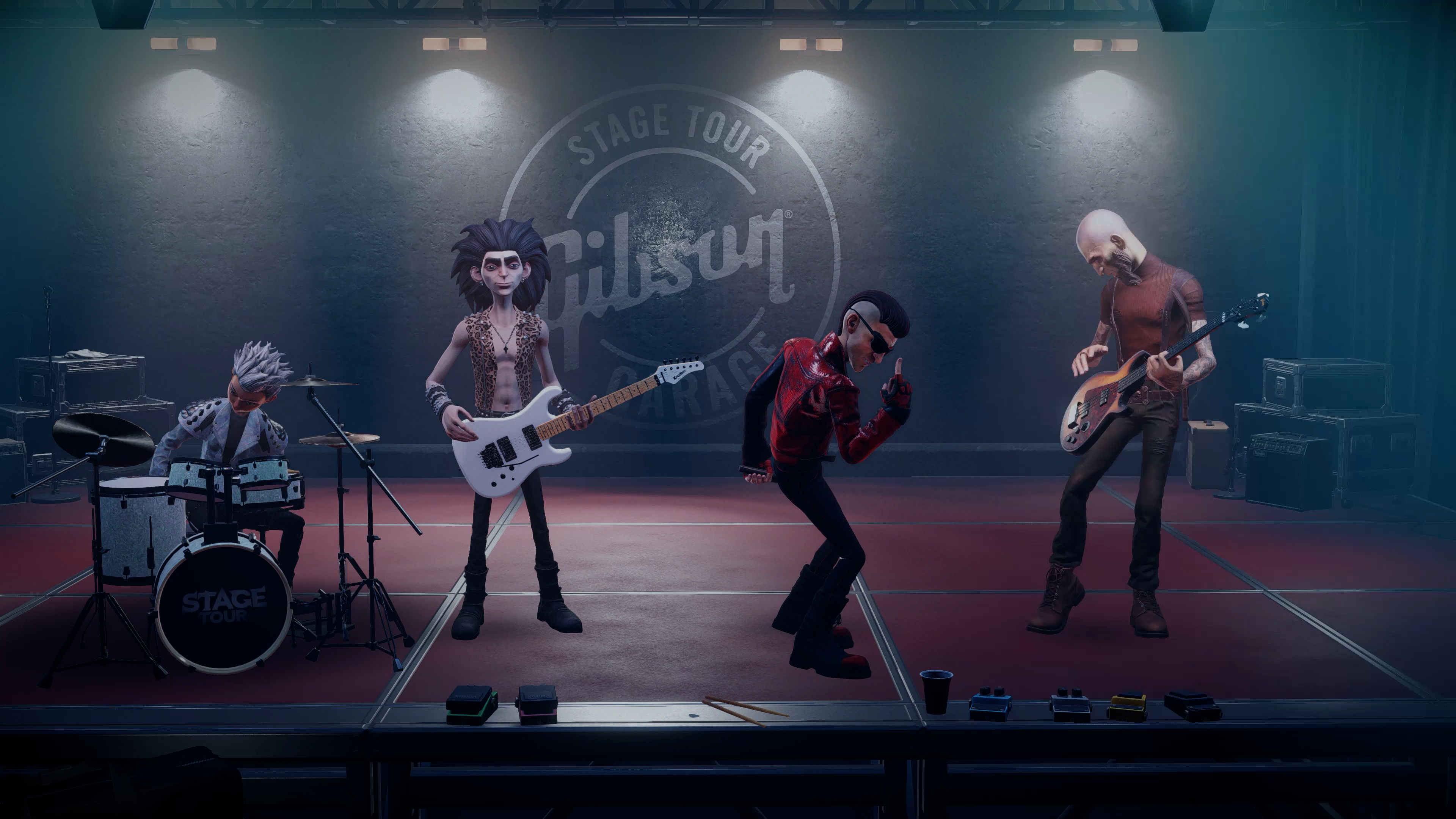Vier animierte Musiker performen auf einer Bühne mit Gibson-Logo im Hintergrund.
