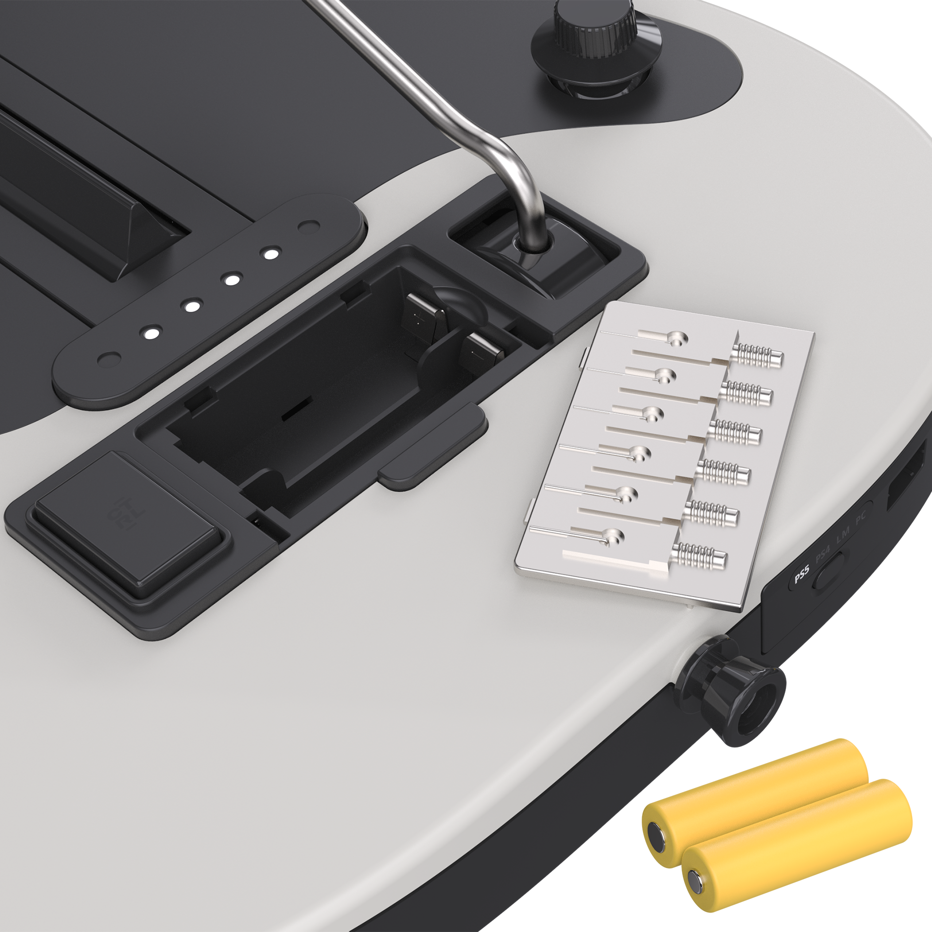 Nahaufnahme einer Gitarre mit geöffnetem Batteriefach, zwei gelben Batterien und einer Stegplatte.