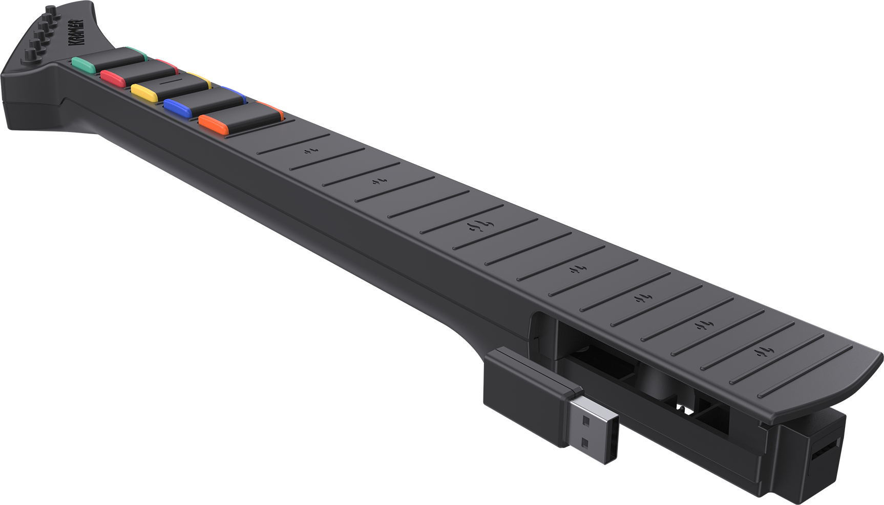Ein schwarzer Gitarrenhals mit bunten Tasten und einem USB-Stick im Inneren vor schwarzem Hintergrund.