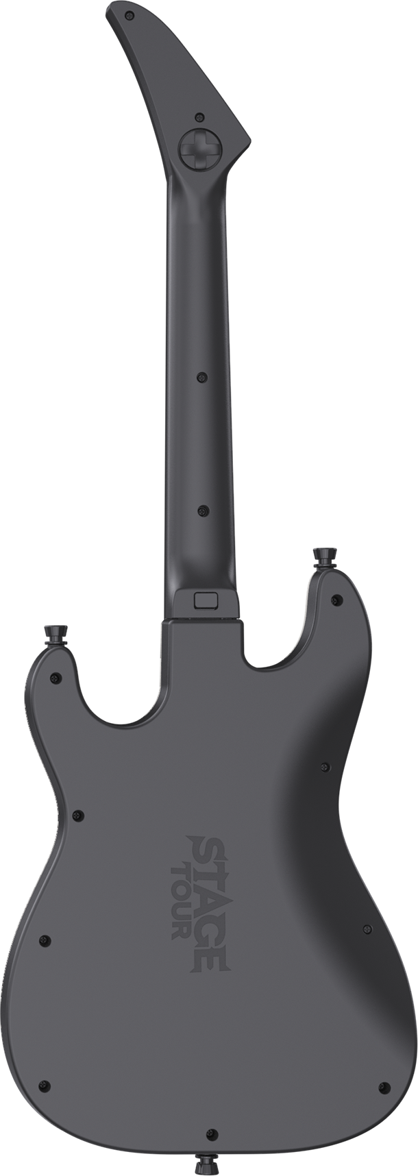 Rückansicht einer schwarzen Stage Tour E-Gitarre auf schwarzem Hintergrund.