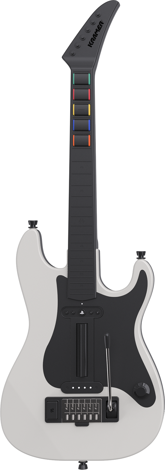 Weiße Kramer-Gitarre mit farbigen Knöpfen und schwarzem Schlagbrett auf schwarzem Hintergrund.