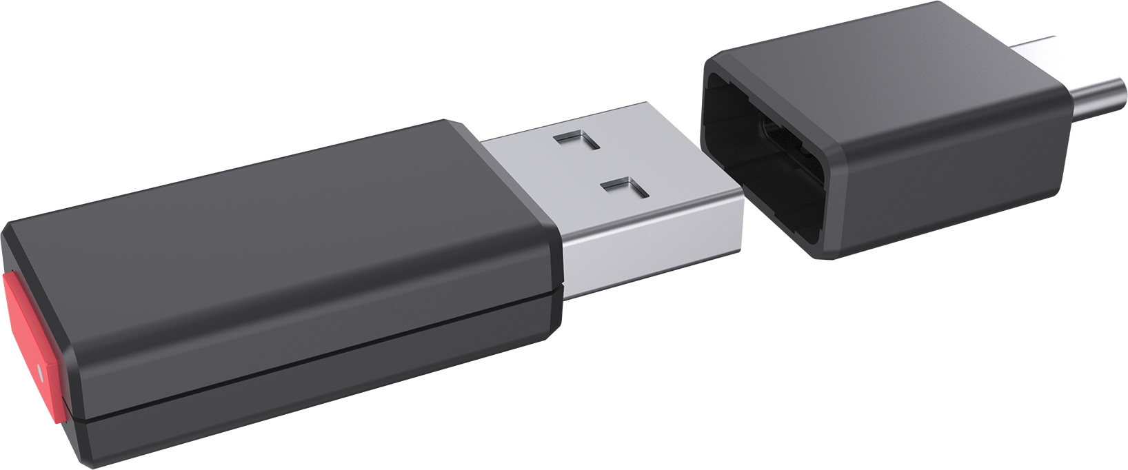 Clé USB noire avec connecteur Type-A et adaptateur Type-C séparé sur fond sombre.
