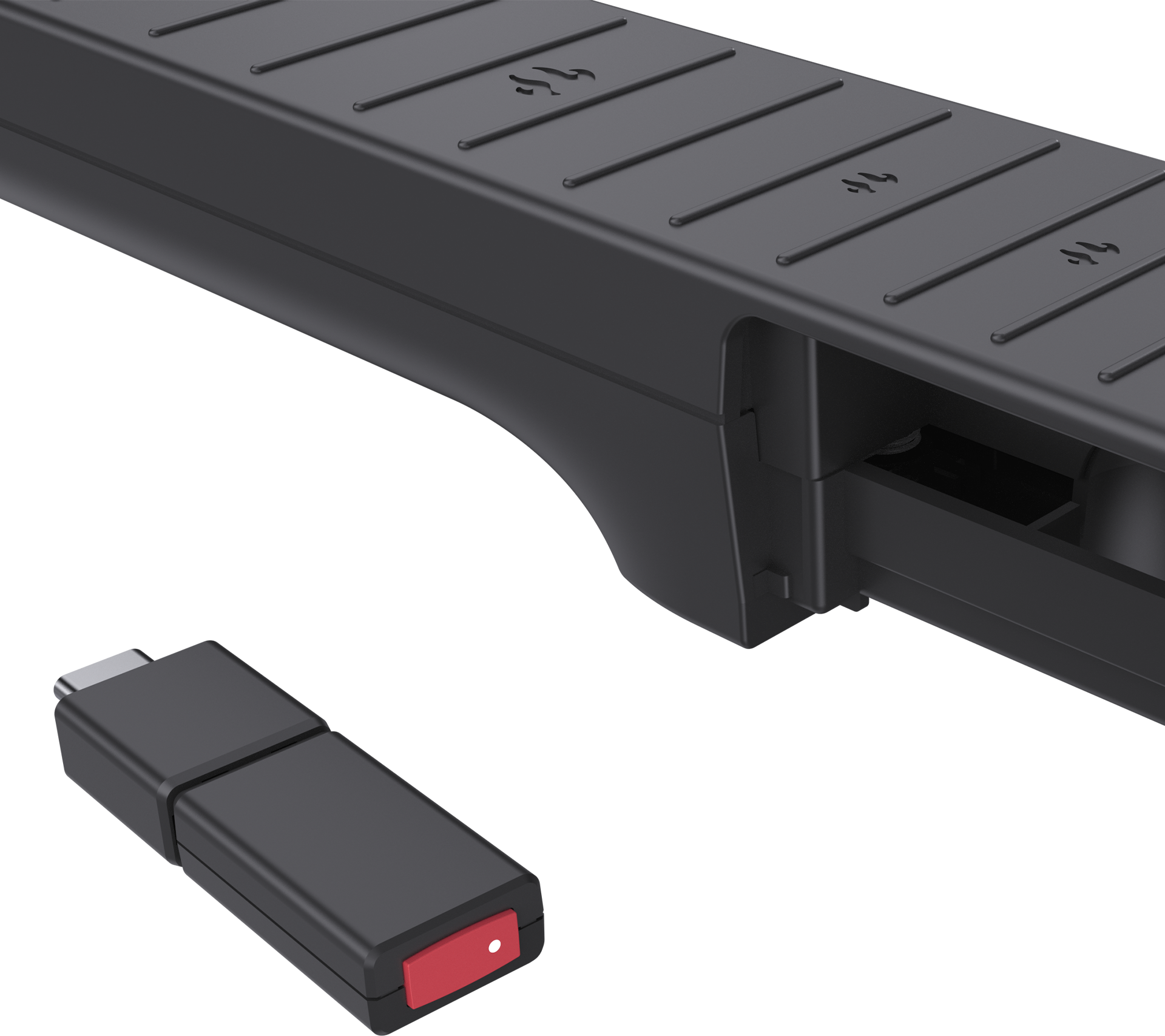 Un appareil noir avec un bouton rouge et un connecteur USB sous une barre de charge noire nervurée sur fond noir.