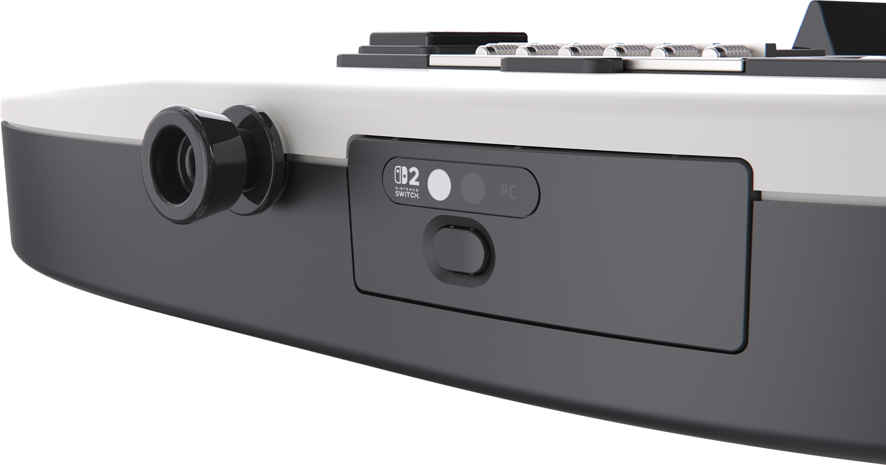 Vue latérale d'un appareil noir et blanc avec un joystick analogique et un commutateur pour Nintendo Switch.