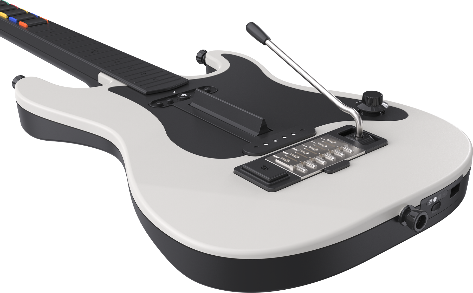 Une guitare de jeu vidéo blanche et noire avec des boutons colorés et une barre de trémolo sur fond noir.