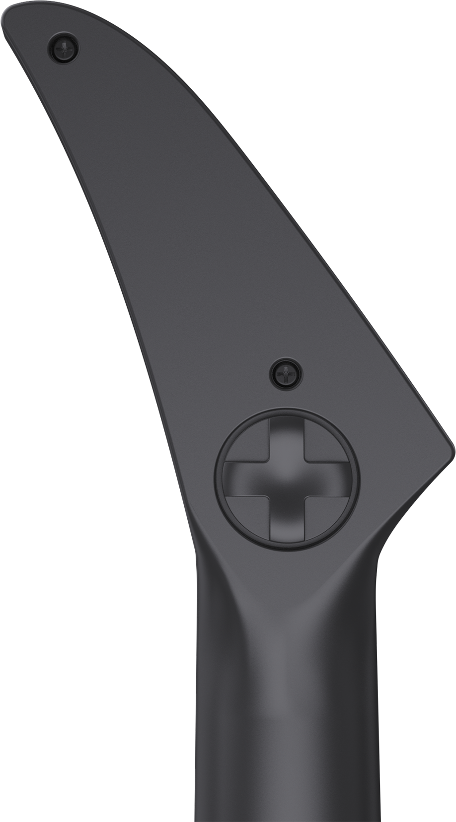 Schwarze Gitarrenkopfplatte mit D-Pad-ähnlichem Regler und zwei Schrauben auf schwarzem Hintergrund.