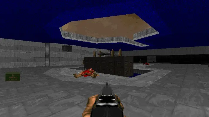 Eine verpixelte Ego-Perspektive in einem grauen Raum mit einer Leiche, Kisten und einer offenen Decke im Retro-Videospiel.