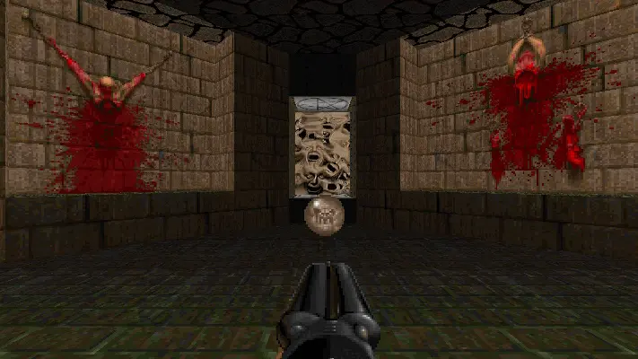 Ein Videospielraum aus der Egoperspektive mit blutigen Wänden, hängenden Figuren und einer Schrotflinte im Vordergrund.