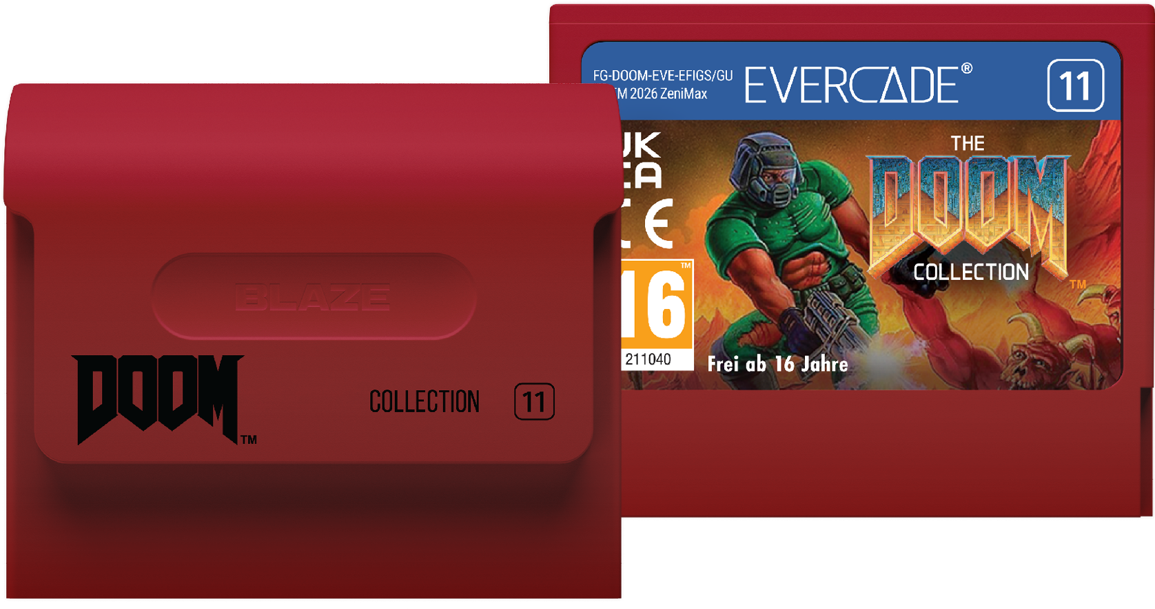 Evercade DOOM Collection rote Kassette und Hülle mit grün gepanzertem Weltraumsoldaten und roten Dämonen.