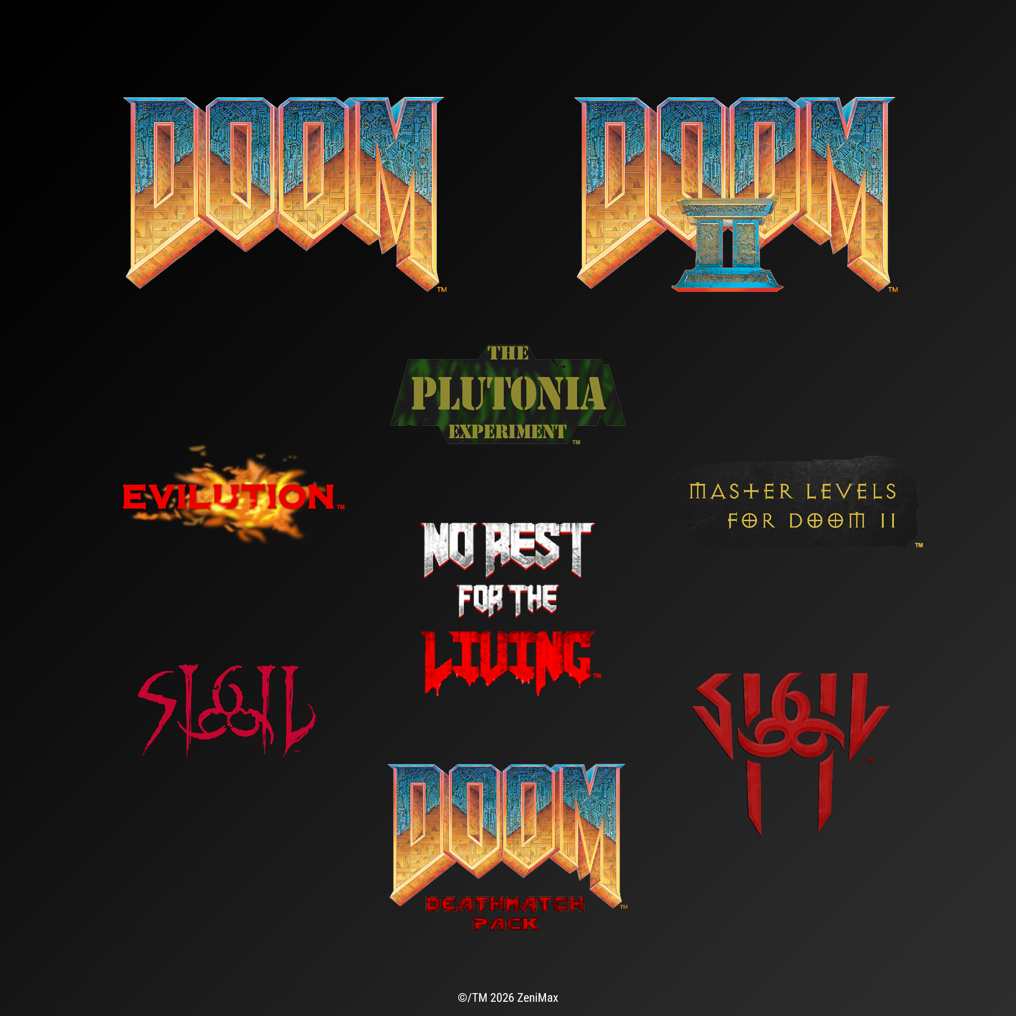 Collage von Doom-Videospiel-Logos auf dunklem Hintergrund.