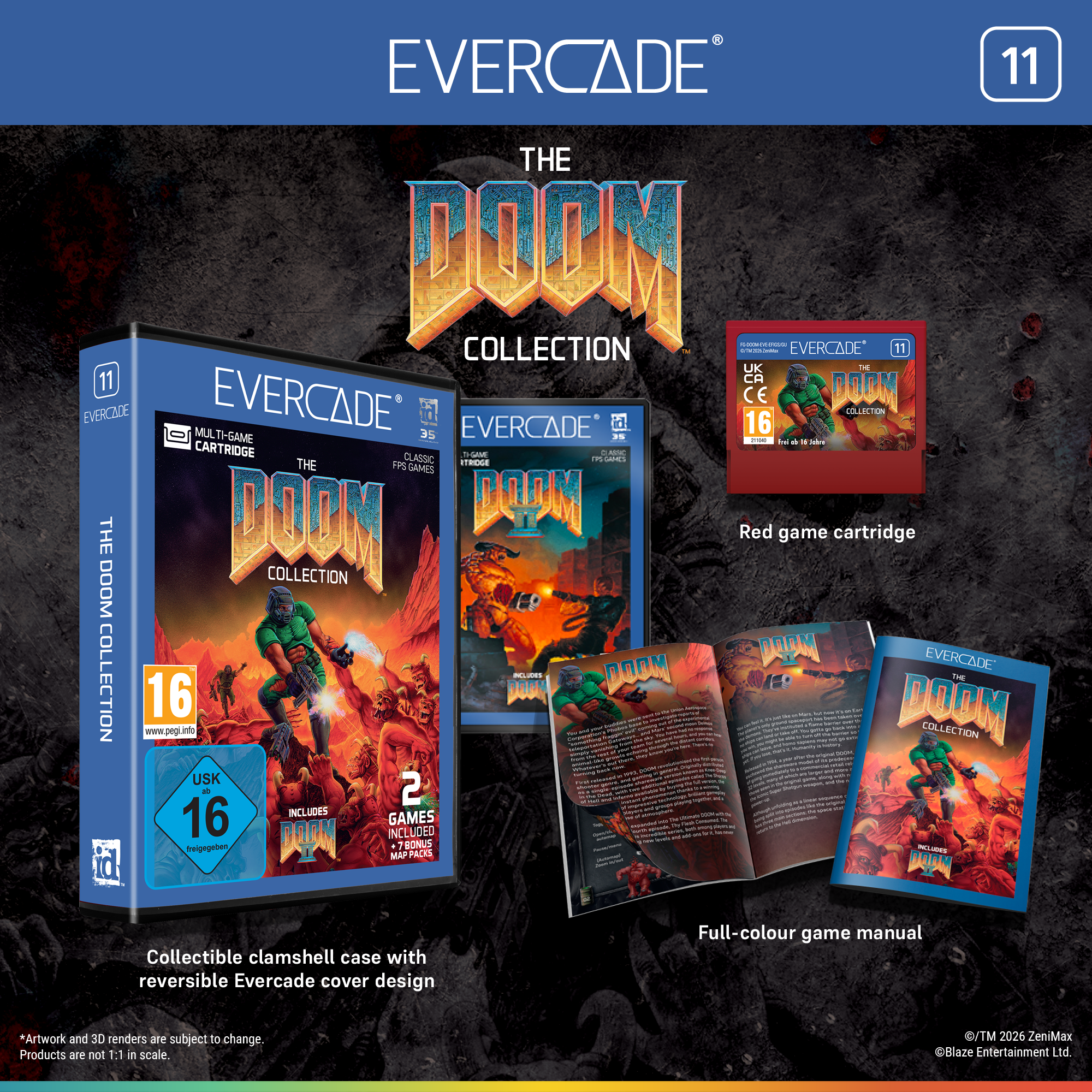 Evercade The Doom Collection mit Hülle, roter Kassette und farbigem Handbuch.