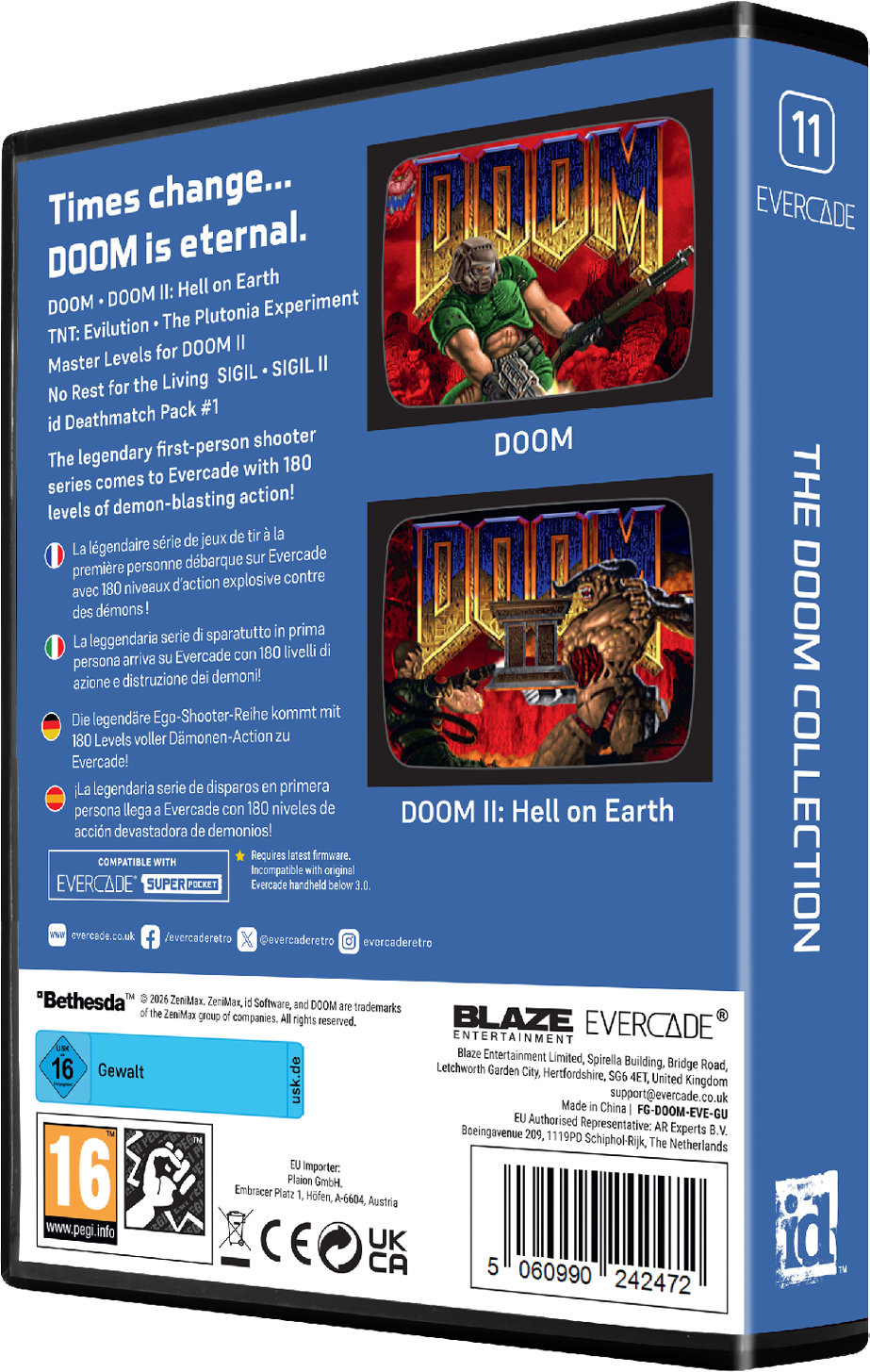 Rückseite der Evercade Doom Collection Spielehülle mit Screenshots und mehrsprachigem Text.