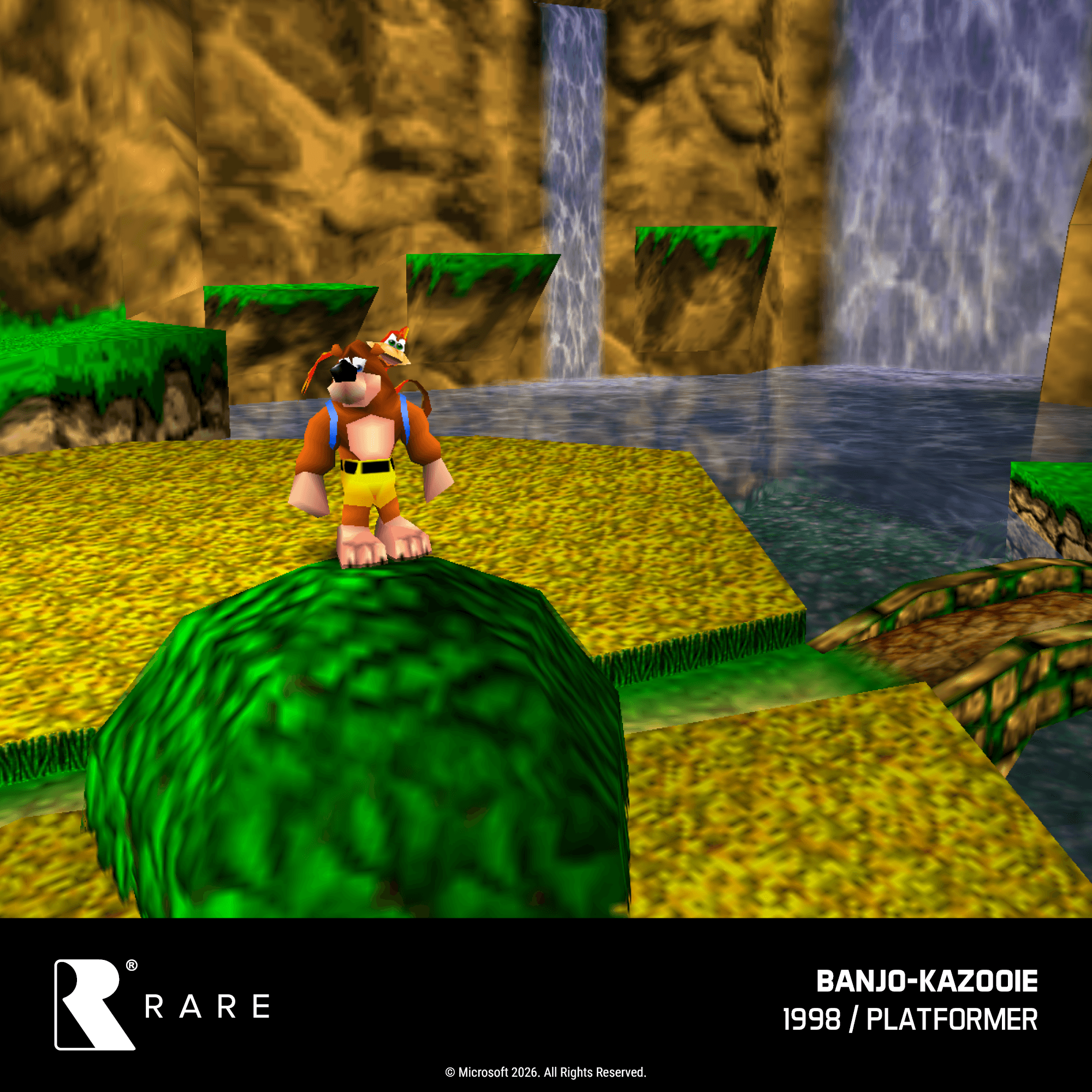 Banjo und Kazooie stehen auf einer grasbewachsenen Plattform nahe einem Wasserfall.