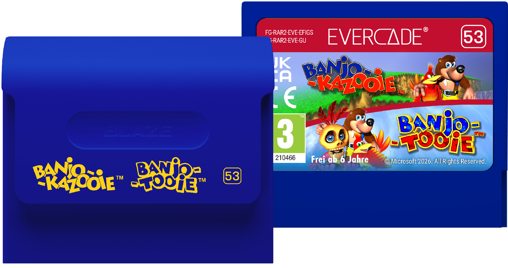 Blaue Evercade-Spielkassette für Banjo-Kazooie und Banjo-Tooie mit buntem Etikett und Logos.