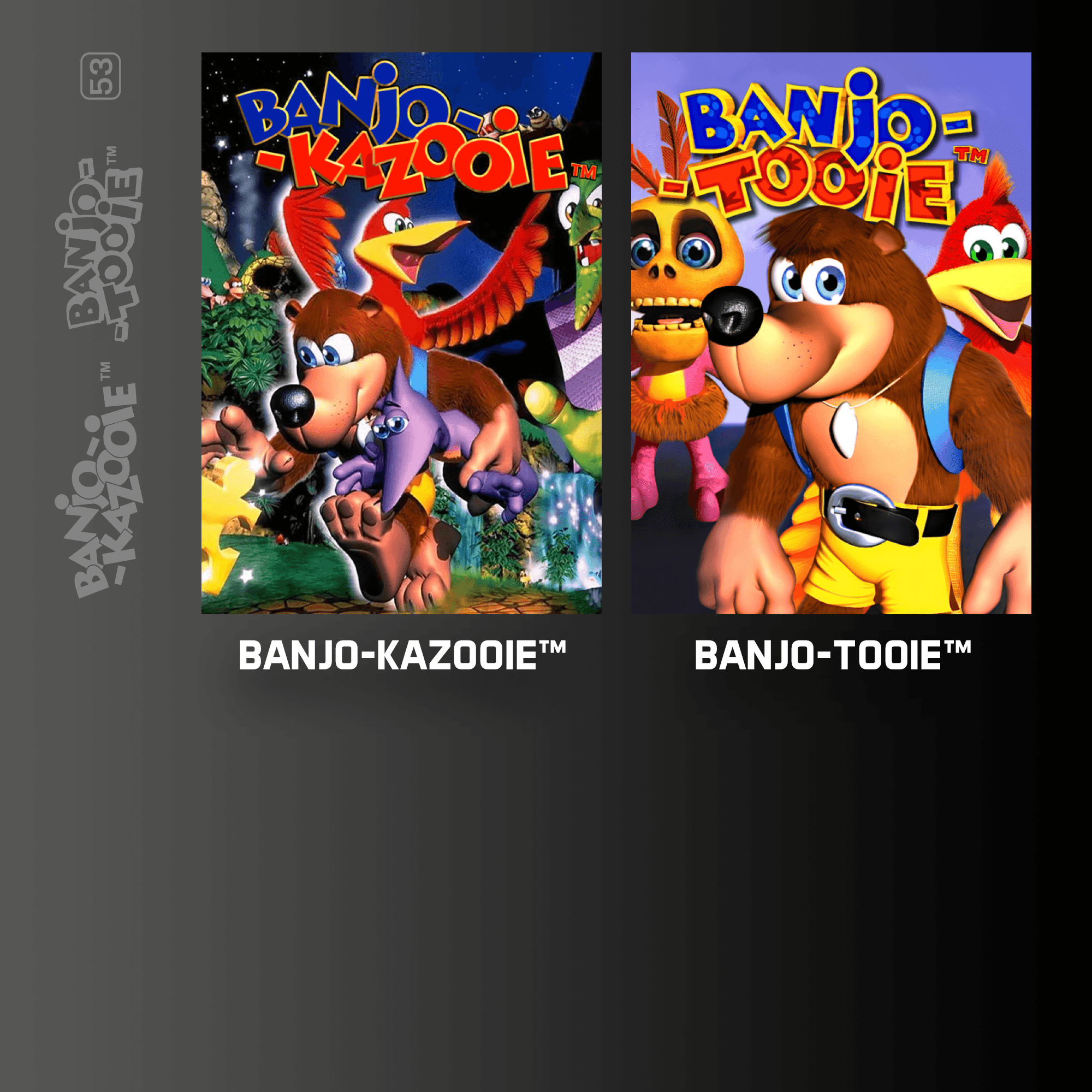 Zwei Videospiel-Cover mit dem Bären Banjo und dem Vogel Kazooie für Banjo-Kazooie und Banjo-Tooie.
