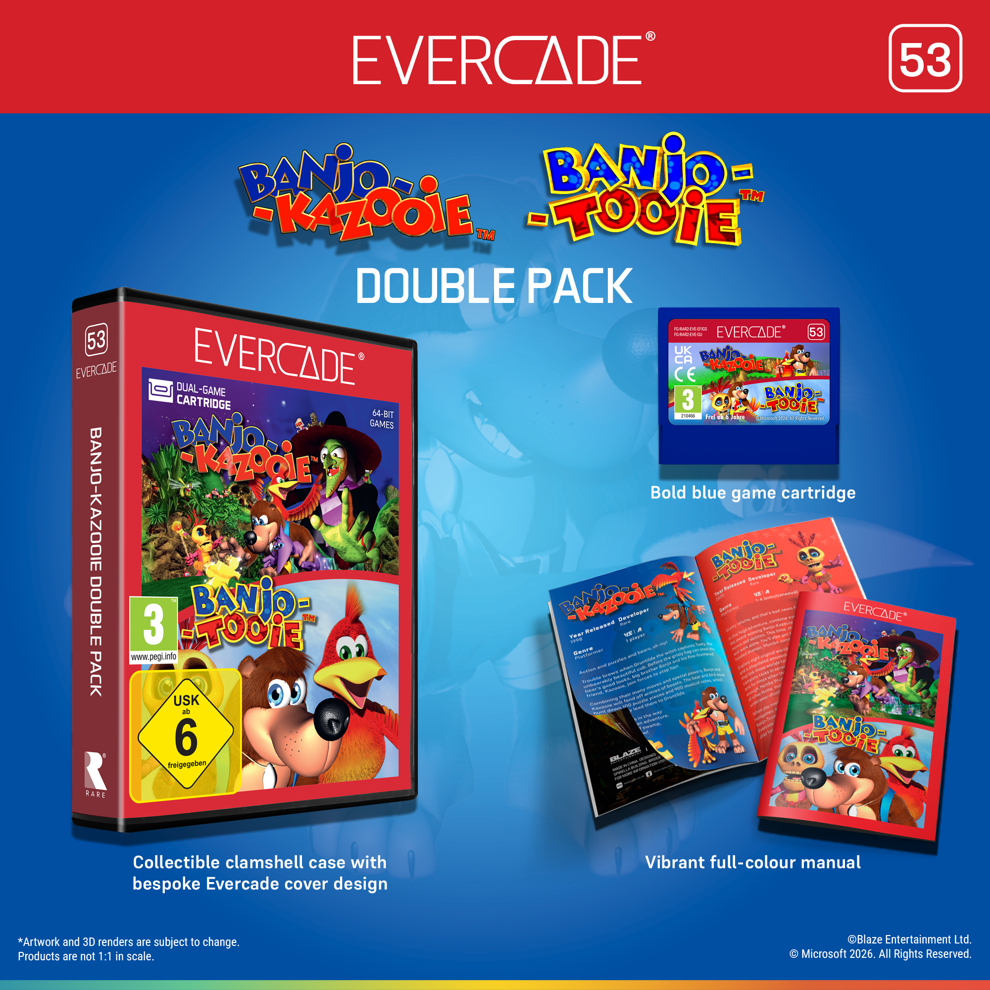 Evercade Banjo-Kazooie Double Pack mit Hülle, blauer Cartridge und farbigem Handbuch.