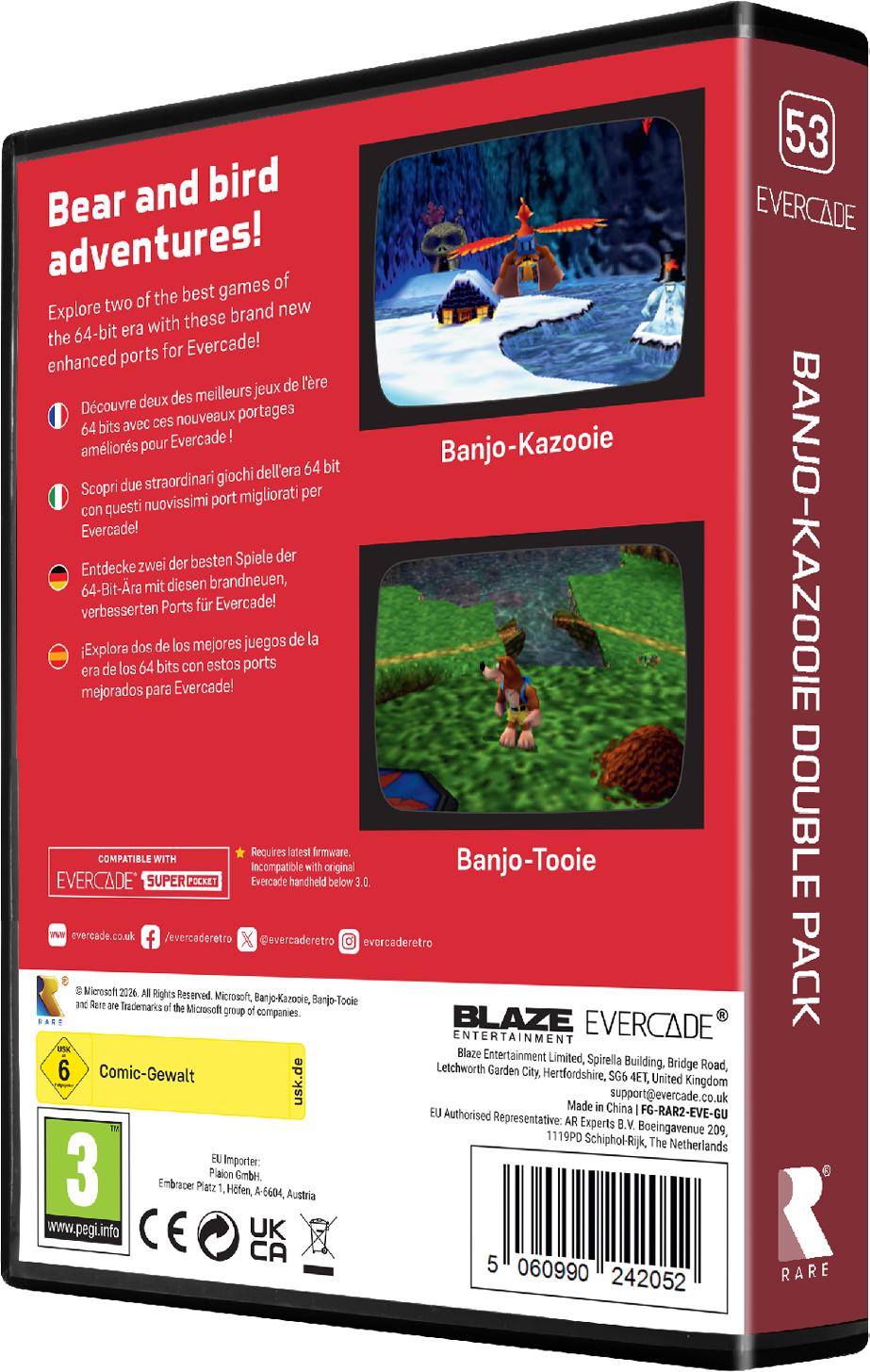 Rückseite der Evercade Banjo-Kazooie Double Pack Spielehülle mit Screenshots von Banjo-Kazooie und Banjo-Tooie.