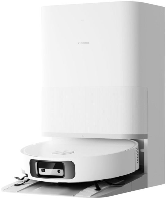 Biały odkurzacz automatyczny Xiaomi w stacji ładującej.