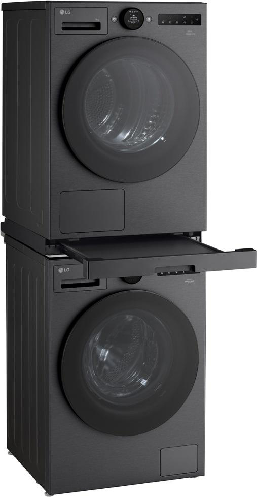 Dunkelgraue LG-Waschmaschine mit Trockner und ausziehbarer Ablage dazwischen.