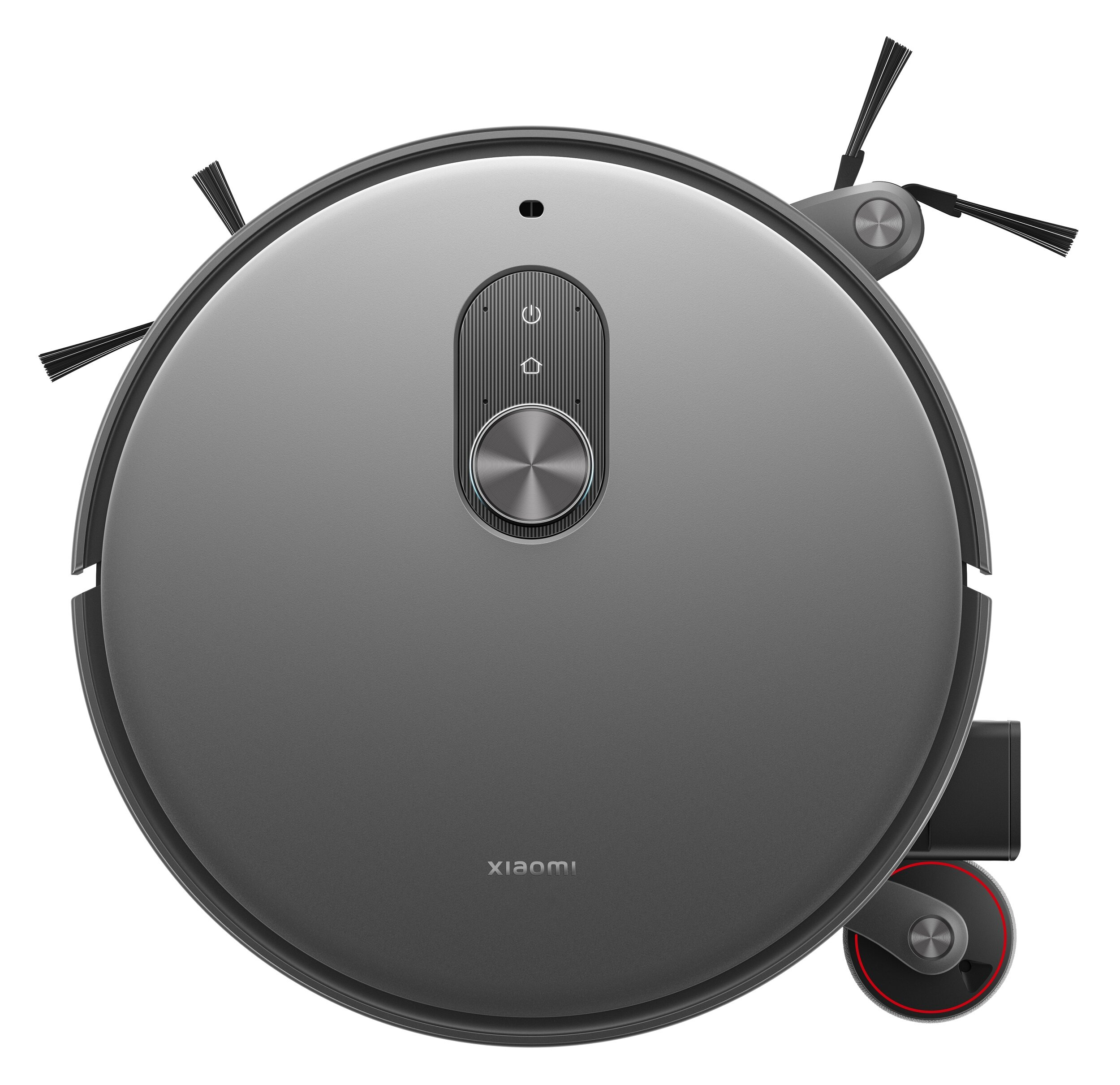 Ciemnoszary odkurzacz automatyczny Xiaomi z góry, z dwiema szczotkami bocznymi i przyciskami.