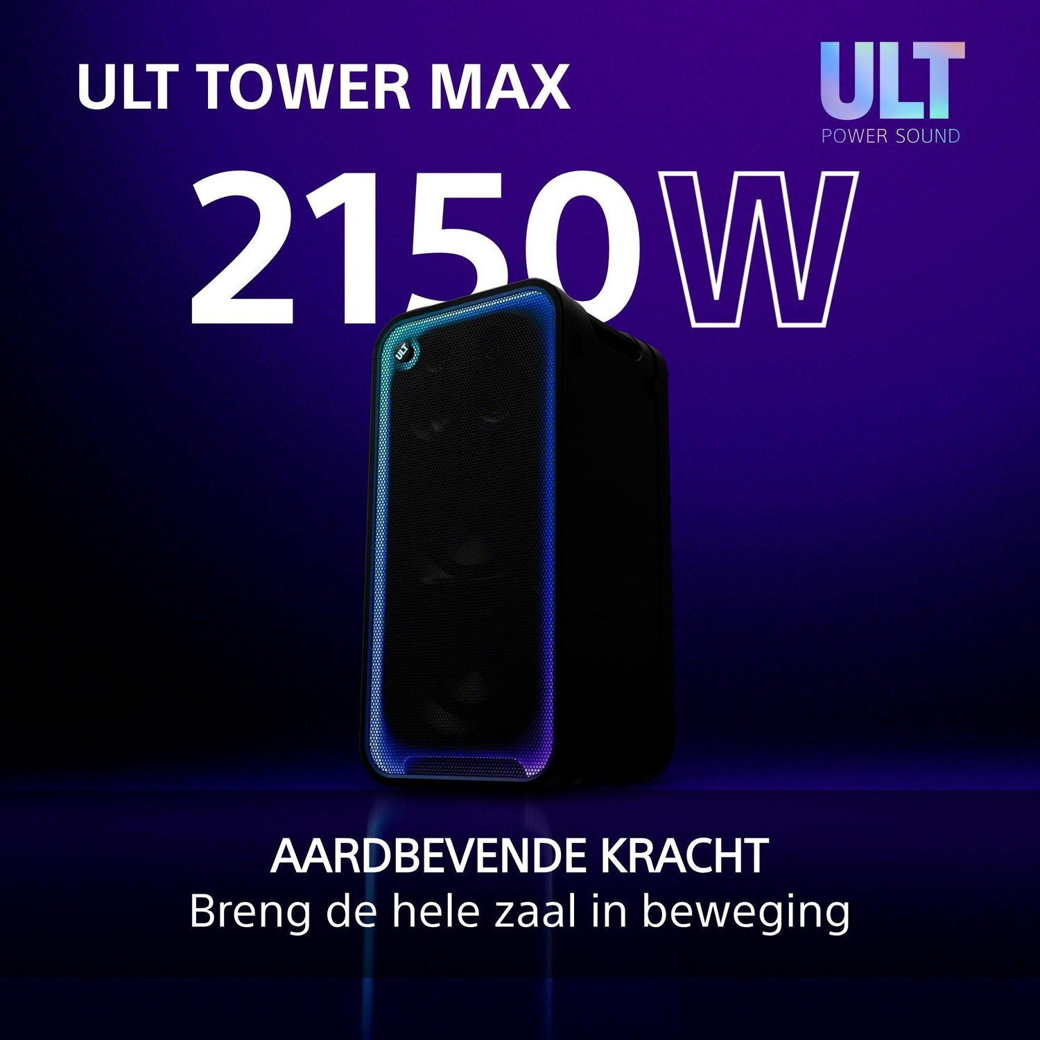 Een zwarte ULT TOWER MAX speaker met gekleurde ledlichten op een paarse achtergrond.