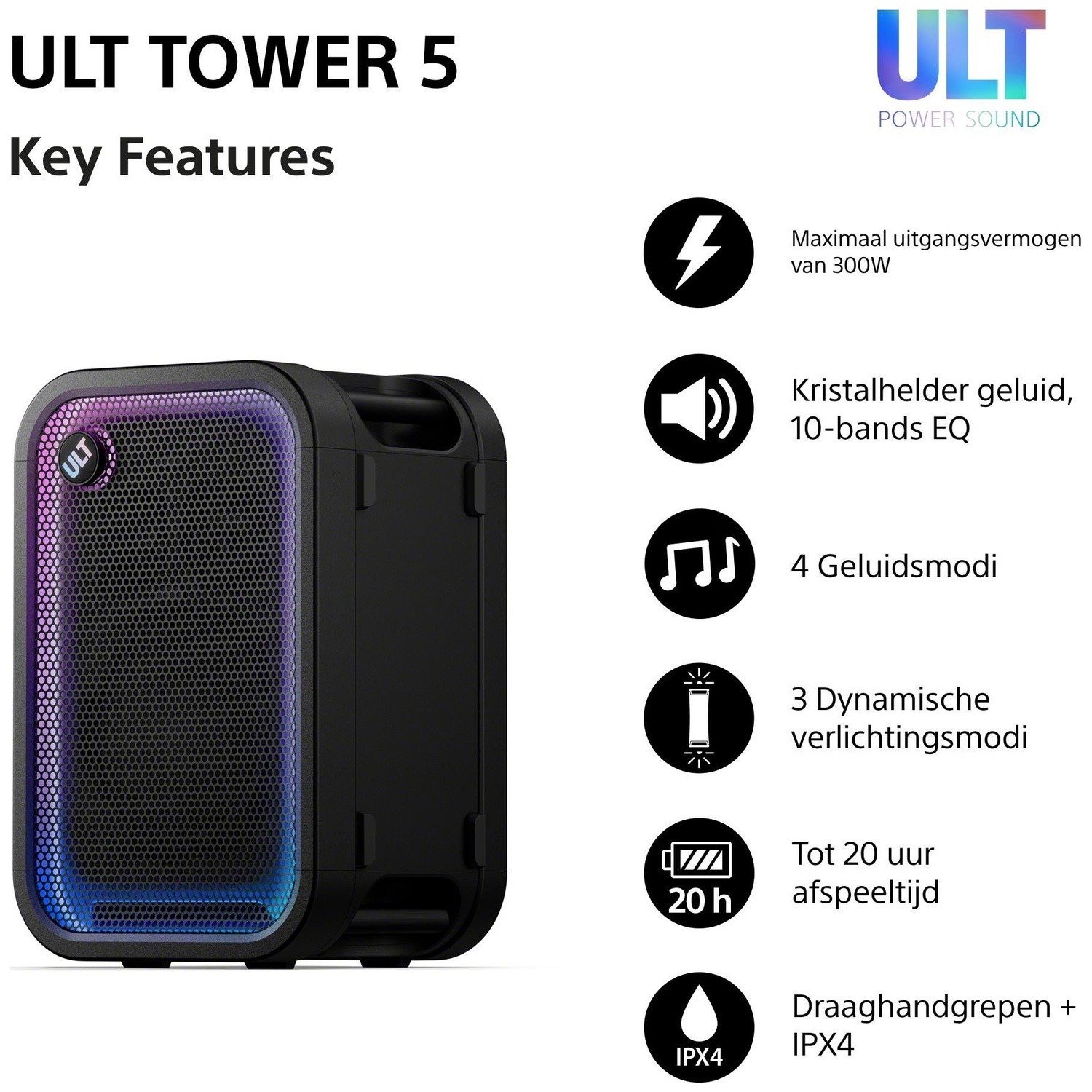 Ult Tower 5 luidspreker met belangrijke functies en iconen.