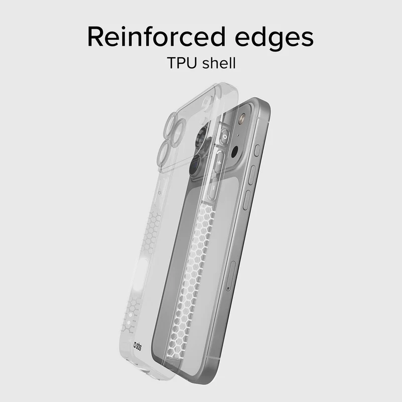 Transparente TPU-Handyhülle mit verstärkten Kanten auf einem Smartphone, mit der Aufschrift Reinforced edges.