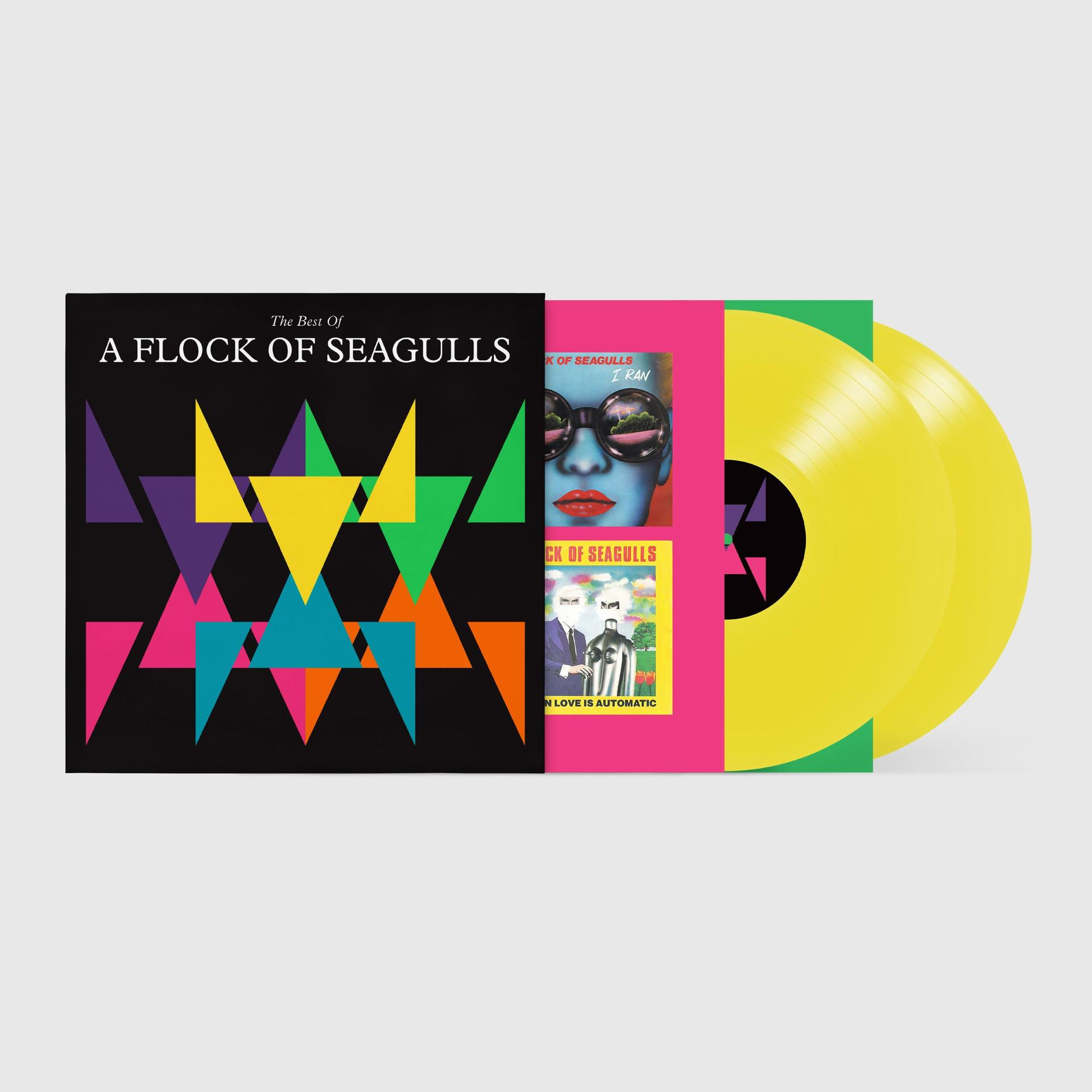 Eine Vinyl-Schallplatten-Box von A Flock of Seagulls mit bunten Dreiecken und zwei gelben Platten.