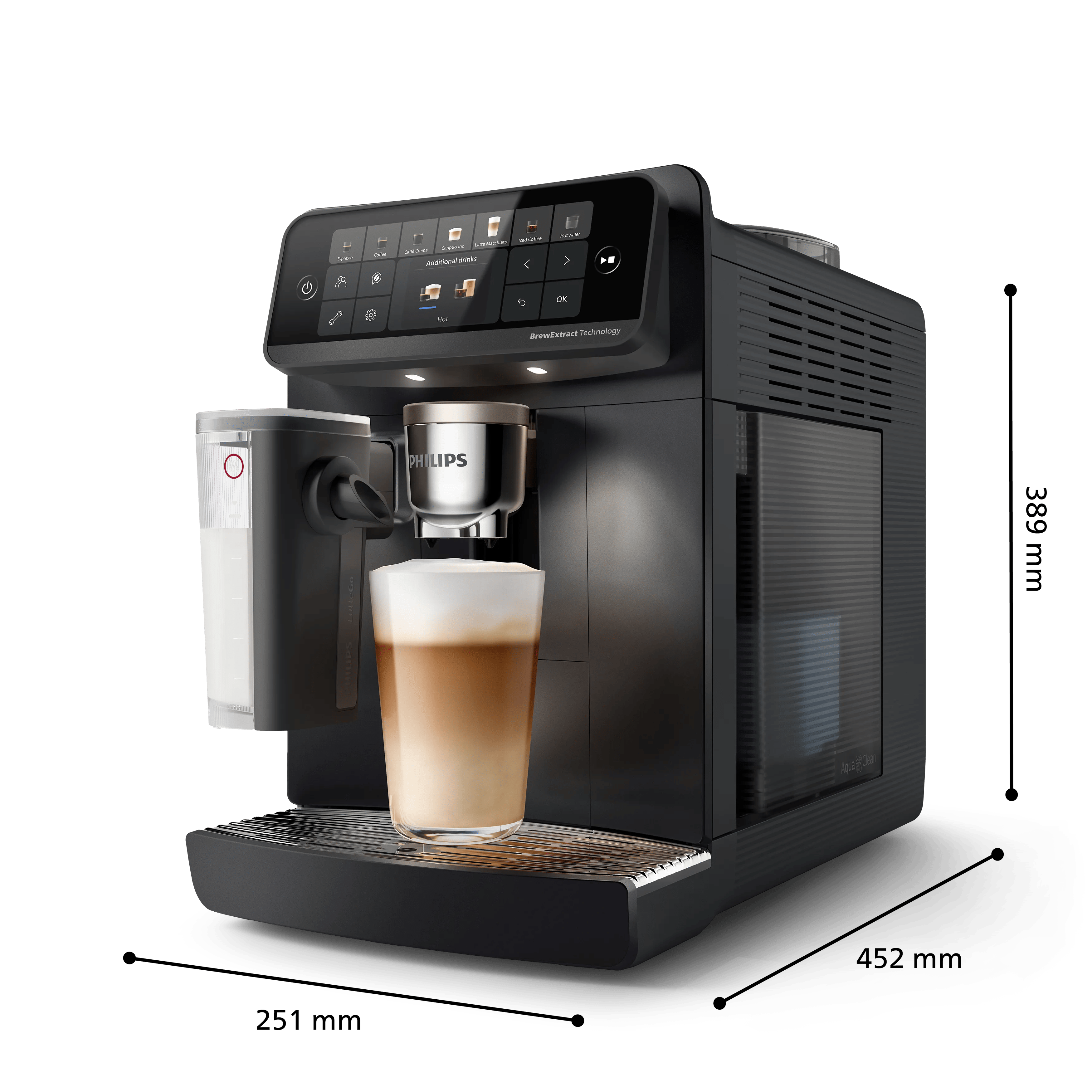 Moderne schwarze Philips Kaffeemaschine mit Milchbehälter und einem Glas Latte Macchiato auf dem Abtropfgitter.