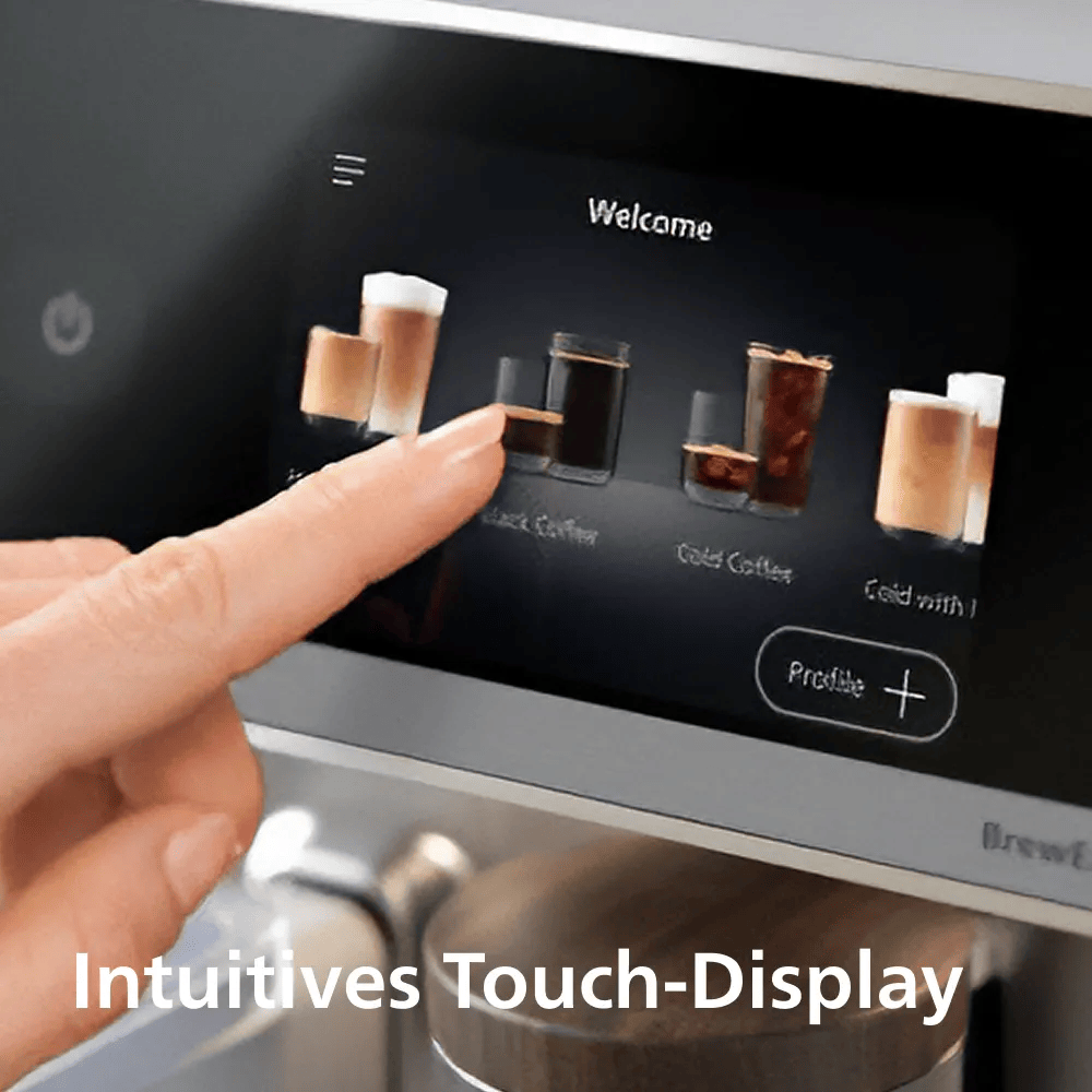 Ein Finger berührt das intuitive Touch-Display einer Kaffeemaschine mit Getränkeauswahl.