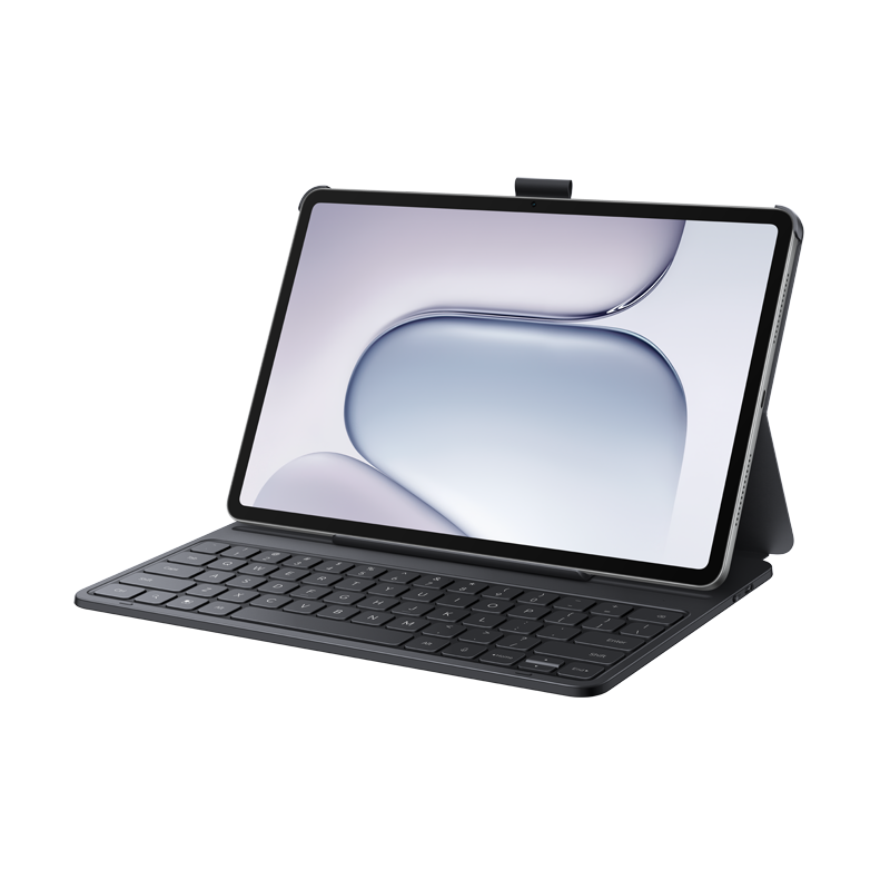 Koyu gri kılıflı ve klavyeli bir tablet, ekranda soyut bir arka plan gösteriyor.