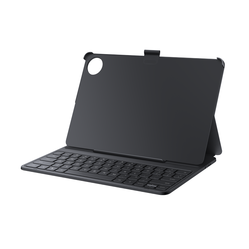 Siyah arkaplanda entegre klavyeli koruyucu kılıf içinde siyah tablet.