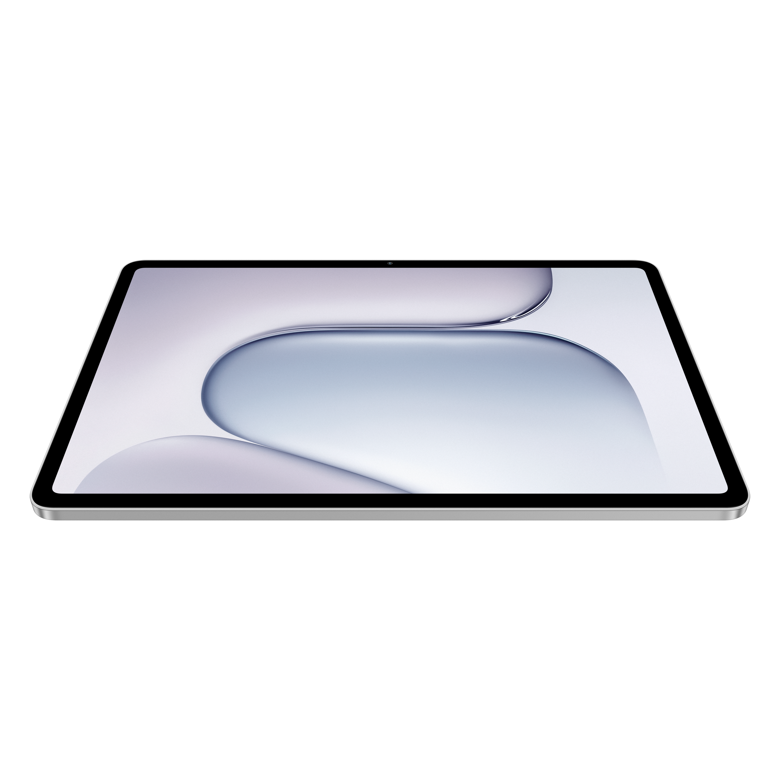 Gümüş çerçeveli ve düz siyah arka plan önünde ekranda soyut açık renkli duvar kağıdı olan bir tablet.